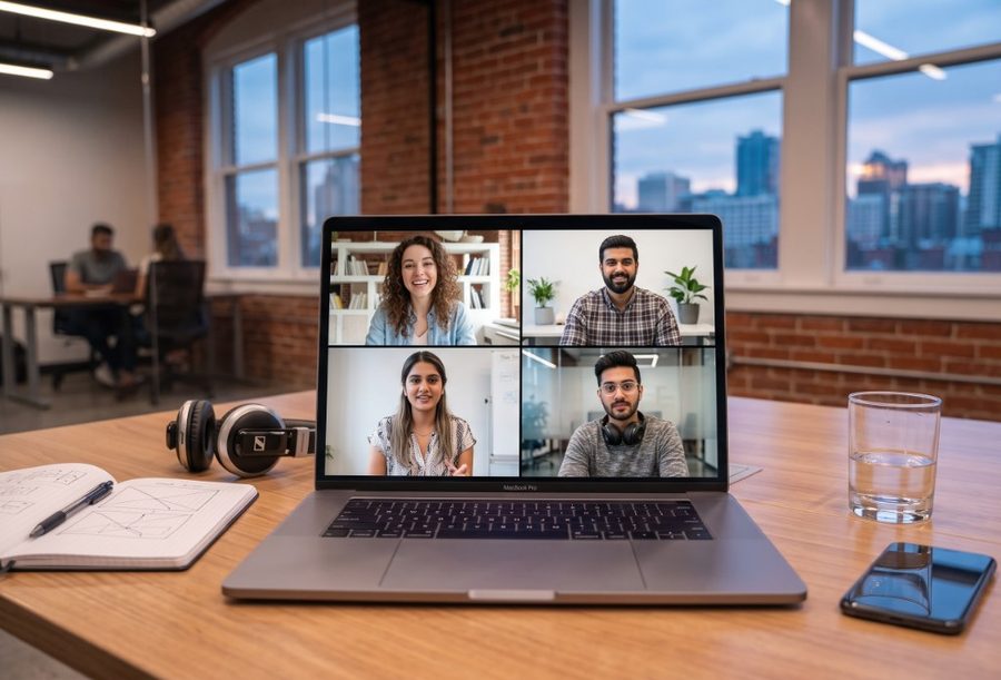Remote team collaborating on a video call