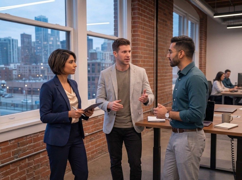 Professionals discussing industry context in a modern office